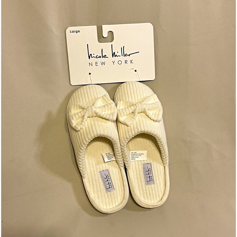 Nicole Miller Women’s Ivory Corduroy Bow Slip-On Slippers Comfort Size L (8-9)